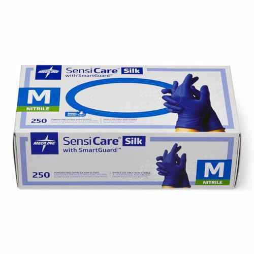 Medline SensiCare Silk Nitrile Exam Gloves, Disposable Gloves with Smartguard Film, Medium, Blue (Pack of 250)