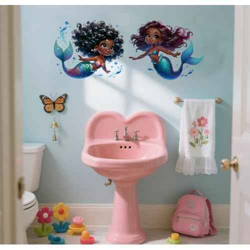 Black Mermaid Wall Decals, African American Girl Bedroom Wall Stickers,Waterproof Vinyl Removable Wall Decor for Black Baby Girl Nursery Kids Teens Room Home