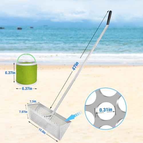 Sand flea rake - 304 Stainless Steel Pro 15.8 Inches Wide Basket Sand Sifter , Curved Handle Design Collapsible Sand Fleas Catcher for Travelling