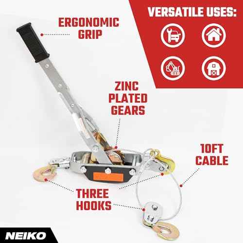 NEIKO 02254A Come Along Winch, 4-Ton (8,000lbs) Pulling Capacity, 9.8Ft, 3 Hook, Heavy Duty Power Cable Come Along Tool with Dual Gears, Hand Winch Cable, Automotive Hoist Winch Puller, Recovery Gear