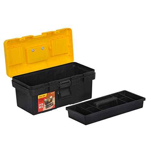MEIJIA Portable Tool Storage Box, Organizers With Detachable Tray And Top Cover Storage Available,Black And Yellow(14.5")