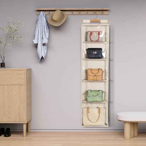 Syeeiex Hanging Handbag Purse Organizer with Zippers, 5 Mesh Shelves,Clear Slubbed Fabric+PVC Hanging Closet Bag Organizer, Dustproof Handbag Closet Tote Storage Bag for Door, Wardrobe, Beige