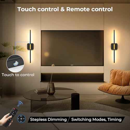 Battery Operated Wall Sconces Set of 2, Detachable 360¡ÆRotate Wall Lamps, 3000-6500K Dimmable with Remote Control, 10000mAh Rechargeable Wall Lights for Bedroom, Living Room, 28" Black Gold