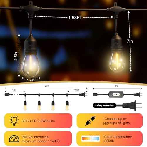 50FT Outdoor String Lights Waterproof with 30+2 Bulbs (1.5FT Bulbs Spacing), Remote & Dimmer, Commercial Grade Patio Lights with 3 Mode Light & Timing,100PC Ties for Outside