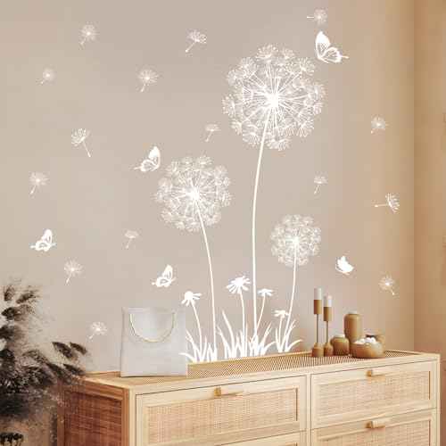 2 Sheets Dandelion Wildflower Wall Decals Art, Wall Stickers Peel and Stick Floral Butterflies Flying Decor for Girls Kids Women Baby Nursery Living Room Bedroom Bathroom Hallway Stairwell (White)