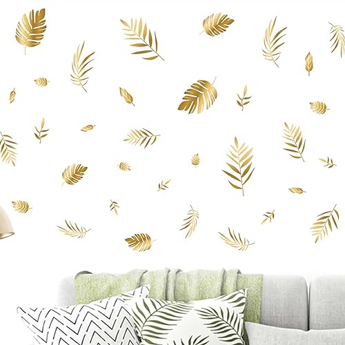 Gold Leaf Wall Decals - Peel & Stick Botanical Leaf Wall Stickers for Living Room & Bedroom