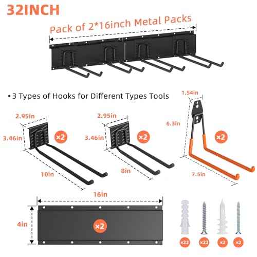 Garage Storage Organization Wall Mount Garden Tool Organizer 32 Inch, 330lbs Adjustable Heavy Duty Metal Hooks, Garage Storage System for Tools, Bikes & Sports Gear Father's Day Gift