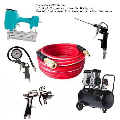 Air Hose 1/4 in x 25 ft, Heavy Duty, Lightweight, Kink Resistant, Hybrid Air Compressor Hose with 1/4 in Solid Brass Male Fittings, Bend Restrictors, 300 PSI(25FT, Red White)