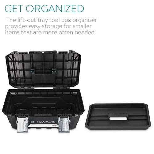 Navaris Tool Box 16 Inch - 40cm Rugged Plastic Multi-Purpose Toolbox Case with Lift-Out Organizer Tray to Store and Transport Tools - 2 Latches