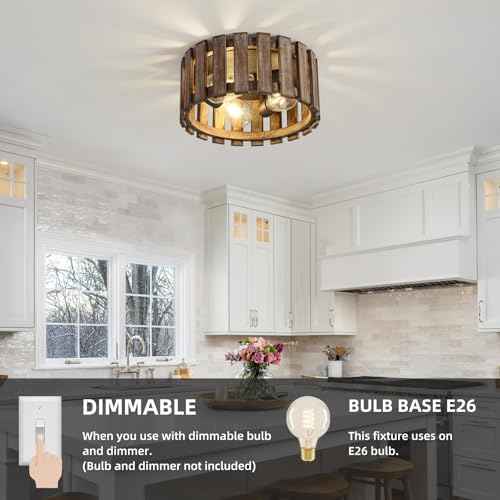 Farmhouse Flush Mount Ceiling Light, 12.2 Inch 3-Light Metal and Wood Close to Ceiling Light Fixture, Rustic Ceiling Light for Kitchen, Dining Room, Living Room, Hallway