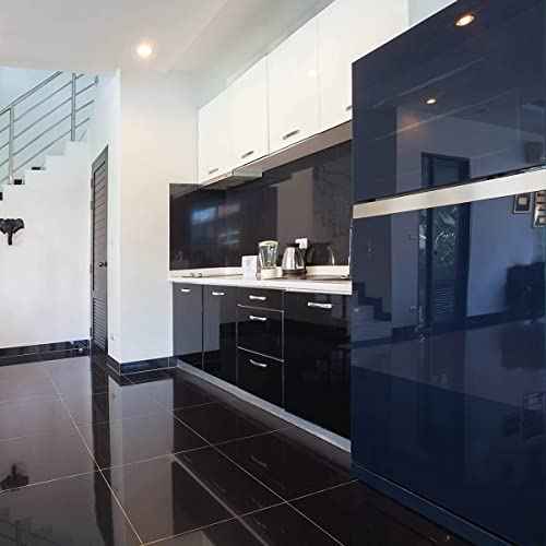 Wudnaye Black Contact Paper Glossy Waterproof Self Adhesive Wallpaper for Kitchen 15.7inchx118.1inch Black Wallpaper Peel and Stick Backsplash Vinyl Removable Wall Paper Kitchen Countertop