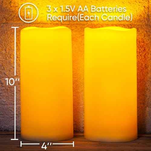 Homemory 10" x 4" Large Waterproof Outdoor Flameless Candles with Remote Control and Timer, Battery Operated Flickering LED Pillar Candles for Outdoor Larterns, Porch, Long Lasting, Set of 4