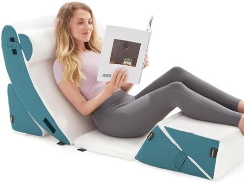 Orthopedic Bed Wedge Pillow Set for Sleeping 6 PCS - Adjustable Triangle Pillow for Neck Leg Support with Washable Cover - 35D Foam Wedge Pillow Post Surgery for GERD & Snoring (White Blue)