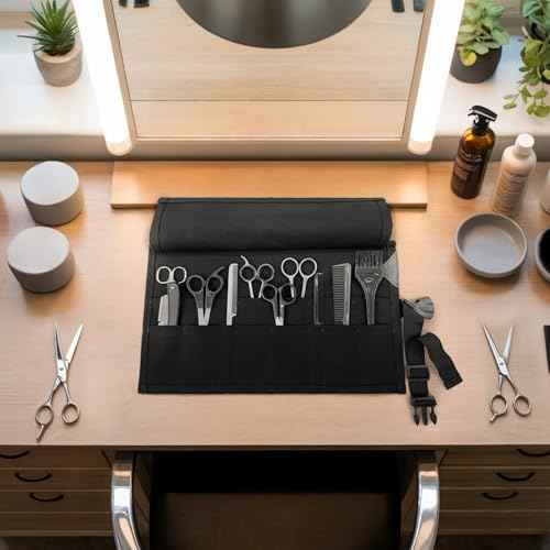 Under NY Sky Salon Scissors Roll Up Holder ? Professional Canvas Pouch Case for Hair Stylists, Barbers & Hairdressers ? Portable Storage Organizer for Hair Cutting Shears & Salon Tools - Black