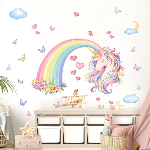 Rainbow Unicorn Wall Decals Rainbow Flowers Butterflies Clouds Hearts Unicorn Wall Stickers Baby Nursery Girls Bedroom Daycare Wall Decor
