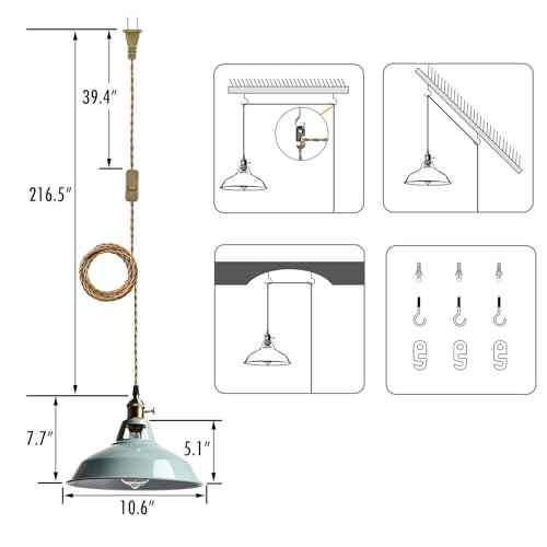 YUBOLE Modern Macaron Plug-in Plendant Light,10.6-Inch Hanging Light Fixtures with Metal Barn Shade Adjustable 17.06 Feet Plug Cord Pendant for Kitchen Bar Dining Bedroom,Sea Blue