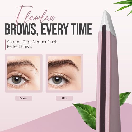 Professional Slant Tip Tweezers - Precision Stainless Steel Eyebrow Plucking Tool for Women and Men, Ingrown Hair Remover, Facial Hair Tweezers for Grooming (Rose Quartz)