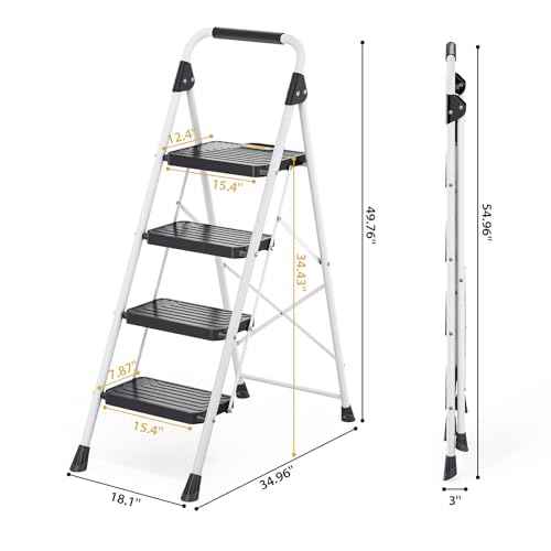 KINGRACK Sturdy Steel 4 Step Ladder, Folding Step Stool with Handrail, Anti-Slip Wide Pedals, Safe-Lock Design, Pass 800lbs Load Testing, Portable Ladder for Multi-Purpose in Home, Kitchen, White