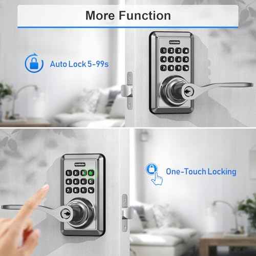 Keyless Entry Door Lock, Keypad Door Lock with Handle Lever, Door Knob with Keypad, Auto Lock, Passage Mode, Easy Installation, Satin Nickel