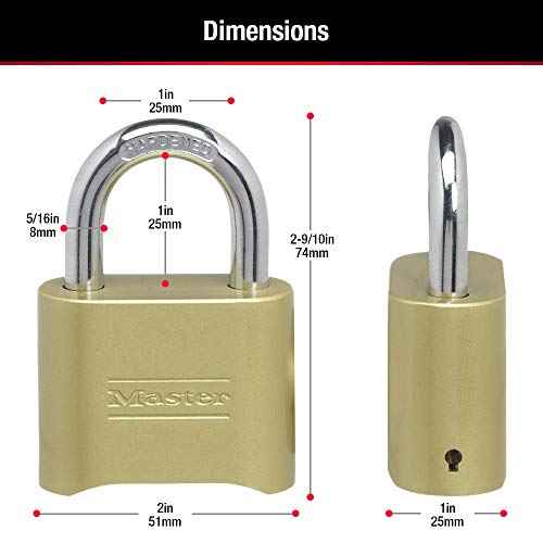 Master Lock Brass Combination Lock, Gate Lock for Outdoor Fence or Shed, Customizable Combination Padlock with 2-inch Wide Body and 1-inch Shackle, 2 Pack, 175EC2