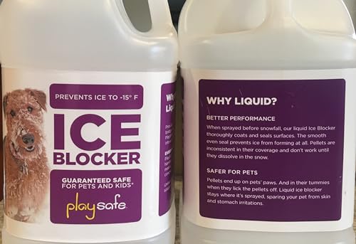 Chloride Free Liquid Ice Blocker: Safe for Pets, Plants and The Environment. Easy to use and Store, cuts cleanup time by eliminating ice Removal. One Gallon Replaces 120 pounds of ice melt.