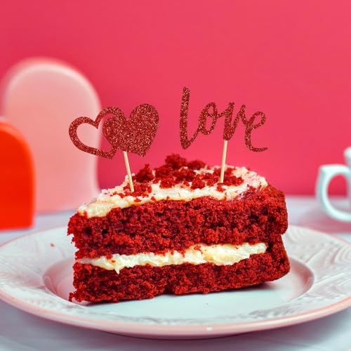 24pcs Valentine's Day Cupcake Toppers, Love Heart Rose Happy Valentines Day Cupcake Topper Red Glitter Valentine's Day Picks Party Cake Decorations for Wedding Valentine's Day (Red)