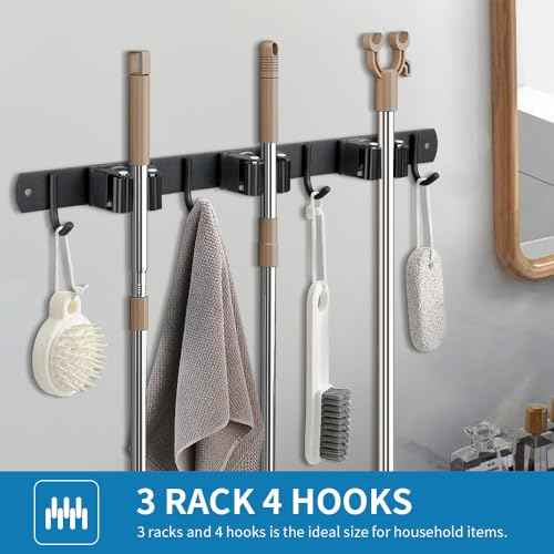 2 Pack Broom Hanger and Mop Holder, Heavy Duty Garden Tool Organizer Rack Rake and Shovel Handle, Stainless Steel Wall Mounted Utility Rack with Screws (5 Racks with 4 Hooks, Matte Black).
