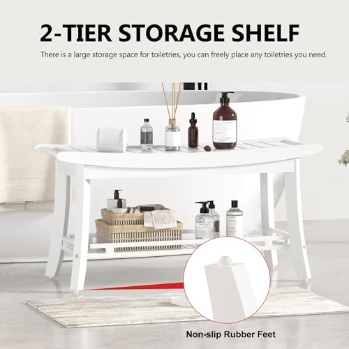 Bamboo Shower Bench Chair Bathroom Shower Stool Seat for Inside Shower Bathtub with Storage Shelf Shower Foot Rest for Shaving Legs 39 x 13 x 19.2 Inches White