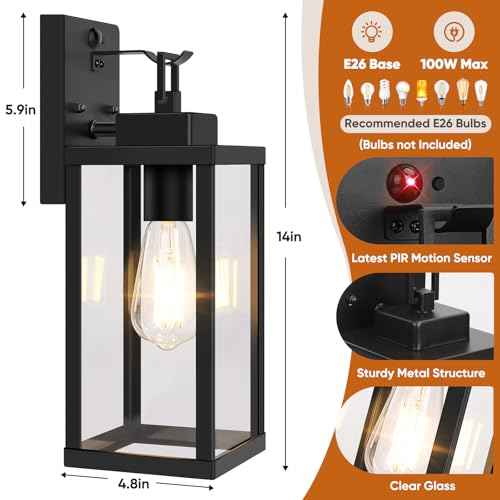 BesLowe 14¡± Upgraded Motion Sensor Outdoor Wall Lights, Dusk to Dawn Porch Lights Outdoor Wall Sconces, 3 Lighting Modes Exterior Lighting Fixtures with Hooks, Black Outside Lights for House, 2-Pack
