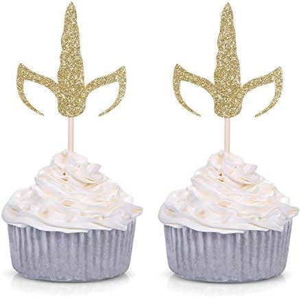 Set of 24 Gold Glitter Unicorn Horn and Ears Cupcake Toppers Baby Shower Kid's Birthday Party Decorations