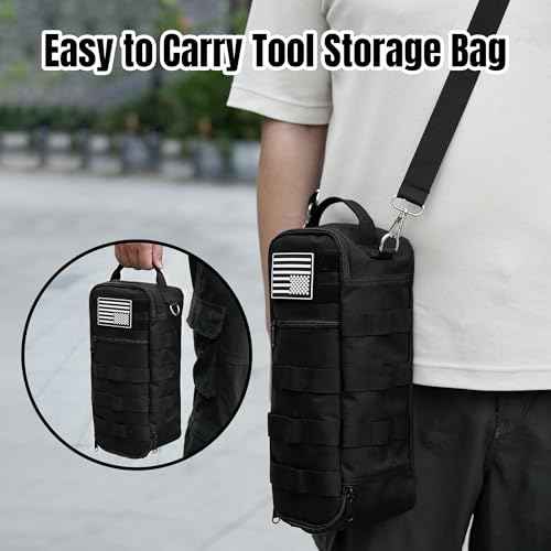 Portable Small Tool Bag, Heavy Duty Tool Pouch Bag with Shoulder Strap and D-ring Clip, Durable Waterproof Multiple Pockets Tool Hand Bag for Electricians, Carpenters, HVAC Technicians (Black)