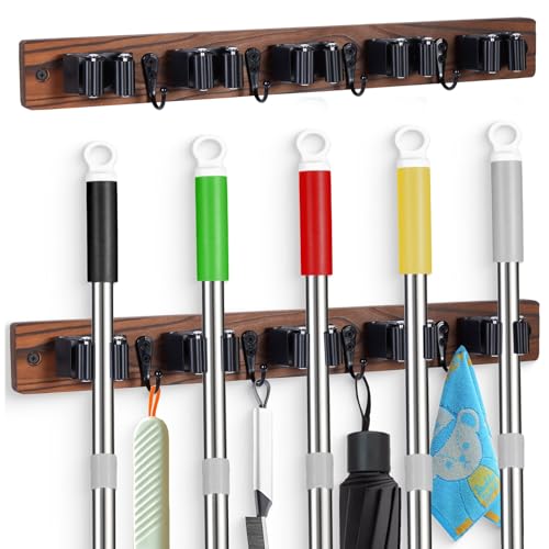 2 PACK Broom Holder Wall Mount With 5 Slots & 4 Hooks£¬Rustic Wood Broom & Mop Hanger£¬Wall Mounted Garden & Garage Tool Storage Organizer Rack for Closet Laundry Room or Kitchen Wall Decor