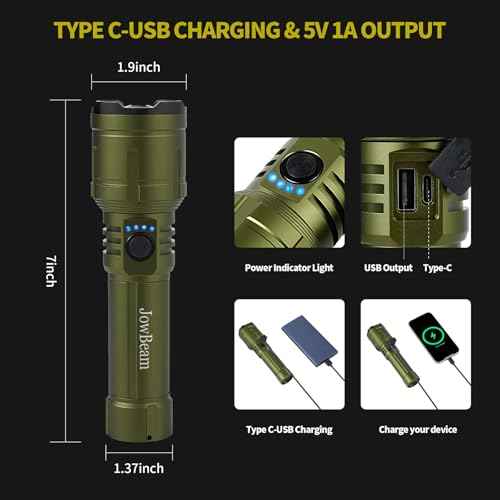 Tactical Flashlight High Lumens, 5000mAh USB-C Rechargeable, 3000lm Bright Flashlights 5000 FT Beam, 5 Modes, Zoomable, 7-32H Runtime, with Lens, for Camping, Hiking, Emergencies