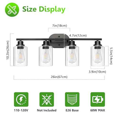 Ascher 4-Light Bathroom Light Fixtures, Modern Vanity Lights with Clear Glass Shade, Matte Black Wall Lamp for Bathroom Mirror Hallway Cabinet Porch