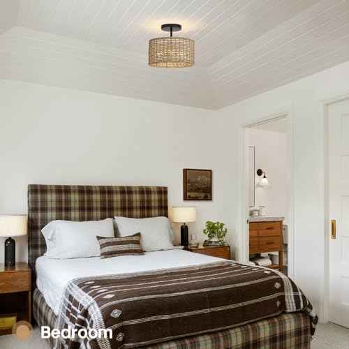 Boho Light Fixtures Ceiling Mount,12.6" Rattan Ceiling Light Fxiture,3-Light Semi Flush Mount Light Fixture,Farmhouse Wicker Ceiling Light for Hallway Bedroom Kitchen Nursery Entryway