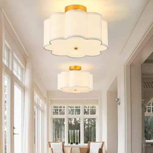 13.3"Semi Flush Mount Ceiling Light Fixture, 3-Light Modern Close to Ceiling Light With Fabric Flower-Shaped Shade, Light Fixtures Ceiling Mount for Bedroom Nursery Kids Room Living Room(Gold)