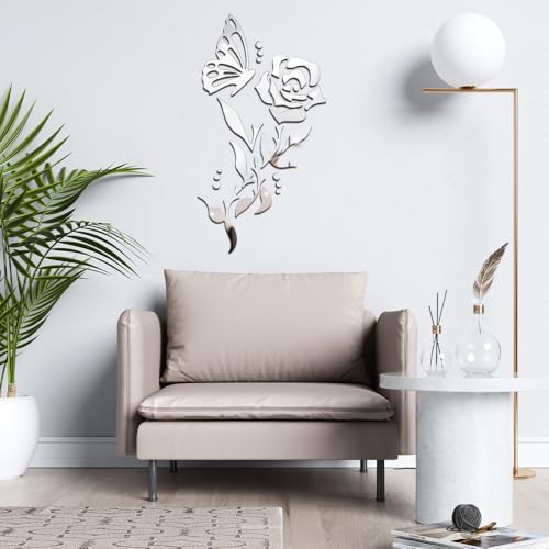 1 Set 3D Rose Mirror Wall Stickers, Acrylic Adhesive Removable Silver Wall Decor, Family Floral Art Mirror Decals Peel and Stick for Bathroom Home Living Room TV Background Sofa Backdrop Bedroom
