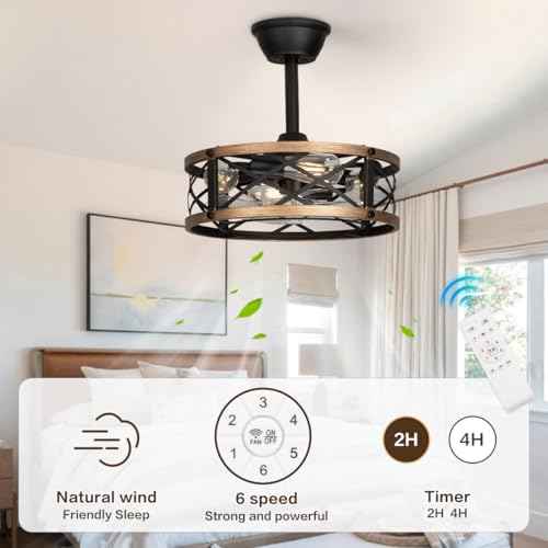 16.5" Farmhouse Caged Fandelier Ceiling Fan with Light, Rustic Bladeless Small Ceiling Fans with Lights and Remote, Modern Enclosed Ceiling Fan with Light for Kitchen, Bedroom, Small Room