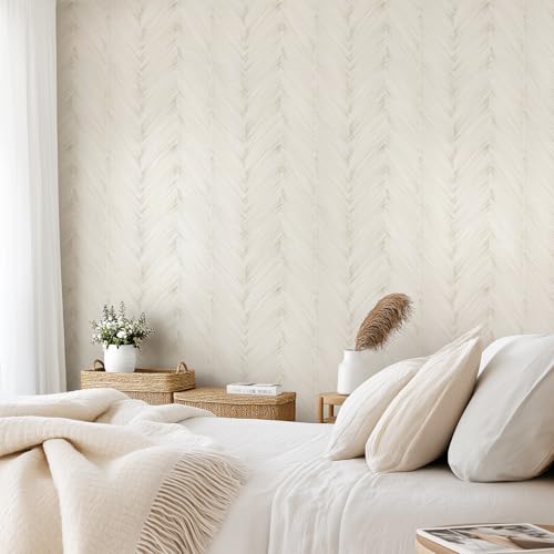 Peel and Stick Wallpaper Boho Beige Herringbone Striped Wallpaper Modern Self-Adhesive Removable Contact Paper 17.3" x 120" Waterproof Vinyl for Bedroom Cabinets