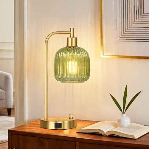 QiMH Industrial Table Lamp for Bedroom Set of 2, Green Glass Beside Lamp with USB A&C Ports, Stepless Dimmable Gold Lamps, Nightstand Lamps for Living Room, Office, Home Decor(Bulb Included)