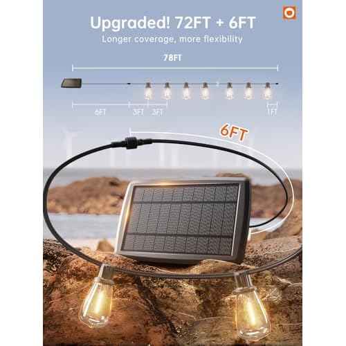 addlon 72FT Solar String Lights Outdoor, Waterproof Solar Powered Outside Lights with Remote & USB Port, ST38 LED Shatterproof Bulbs, Dimmable Solar Light for Camping Backyard Porch