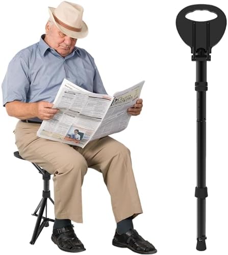 Cane with Seat Portable Walking Stick Folding Chair Lightweight Aluminum Mobility Aid Crutch Chair Height Adjustable with Carry Bag for Seniors Elderly Handicap Waiting/Queuing/Fishing