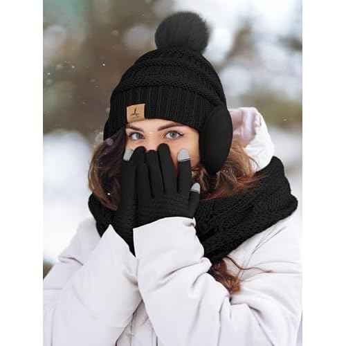 Winter Hat Scarf Gloves and Ear Warmer, Warm Knit Beanie Hat Touch Screen Gloves Set Winter Gifts Neck Scarves for Women
