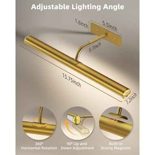 EZVALO Picture Lights for Wall, 16'' Rechargeable 6000mAh Painting Lights with Remote, Wireless Dimmable 3 Color Temperatures Art Lights for Gallery, Living Room, Hallway (Gold, 2Pack)