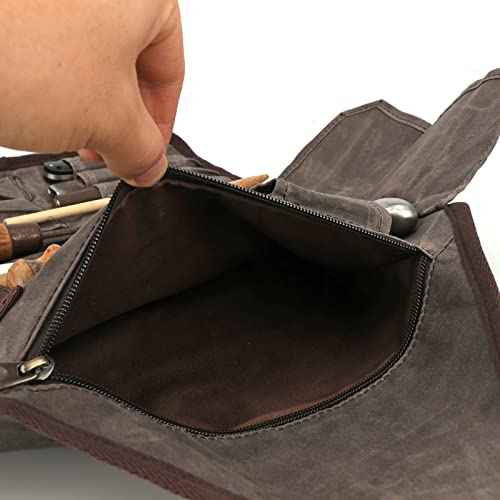 TOURBON Waxed Canvas Tool Roll Up Bag, 25-Pocket Wood Carving Chisel Carrying Case, Multi-Purpose Tool Pouch with Zipped Compartments