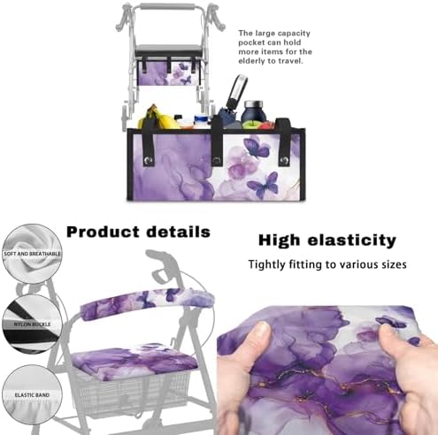 LedBack 3 Pcs Sets Rollator Walker Accessories Purple Marble Print Butterfly Walker Seat Cover Rollator Walker Seat & Backrest Covers, Rollator Storage Under Seat Bag