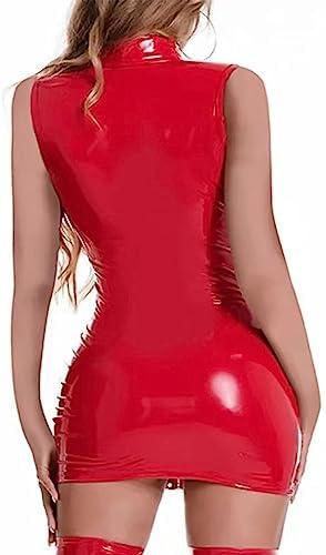 Women Sexy Tank Leather Dress, Wetlook, Plus Size XXXL, Shiny Latex Hip Skirt