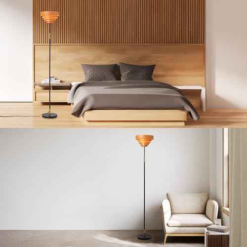 O'Bright Cascade Floor Lamp ? Modern Wooden Layered Lampshade, E26 Socket, Pull Chain Switch, Metal Base, Standing Lamp for Living Room, Bedroom, Office, Black