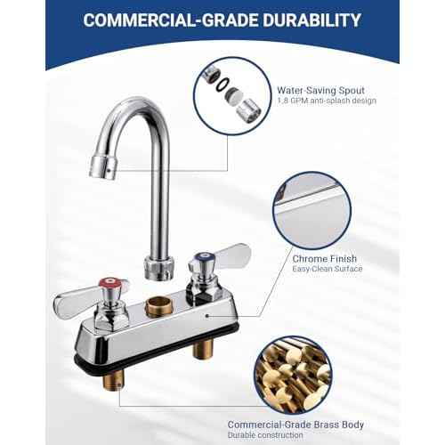 Commercial Kitchen Faucet 4" Center Deck Mount Commercial Bar Hand Sink Faucet with 3-1/2" Gooseneck Spout 2 Lever Handles Laundry Tub Utility Sink Faucet, Brass, Ceramic Valve