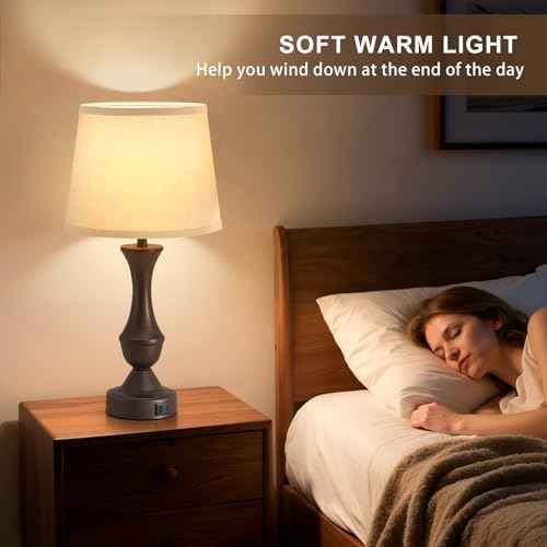 Luvkczc 22" Table Lamp Set of 2 - Vintage Brown Bedside Lamp with Beige Fabric Shade, 3-Way Dimmable, USB C+A Ports, Nightstand Lamp for Living Room Bedroom (Bulb Included)